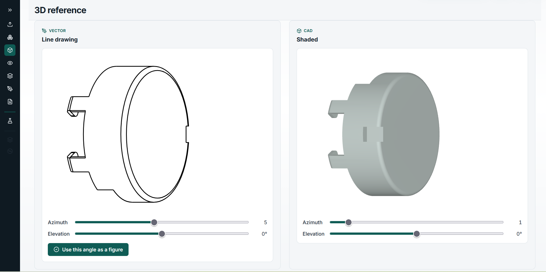 Annota 3D reference: a line drawing and a shaded CAD view of the same part, each with azimuth and elevation sliders, and a Use this angle as a figure button.