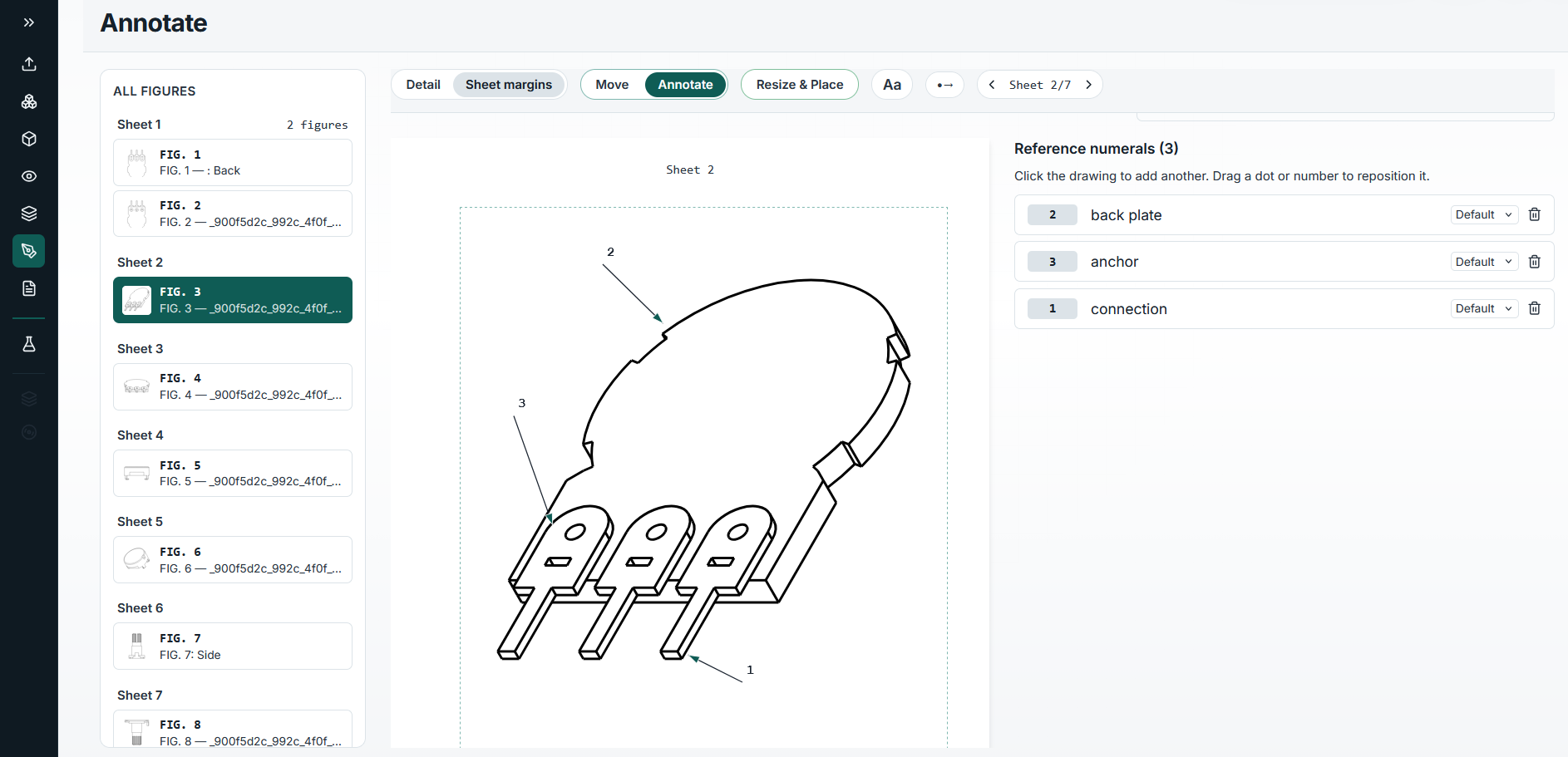 Annota annotate view: a CAD part on a sheet with reference numerals 1, 2, and 3 and leader lines, a figure list by sheet, and the reference numeral list.