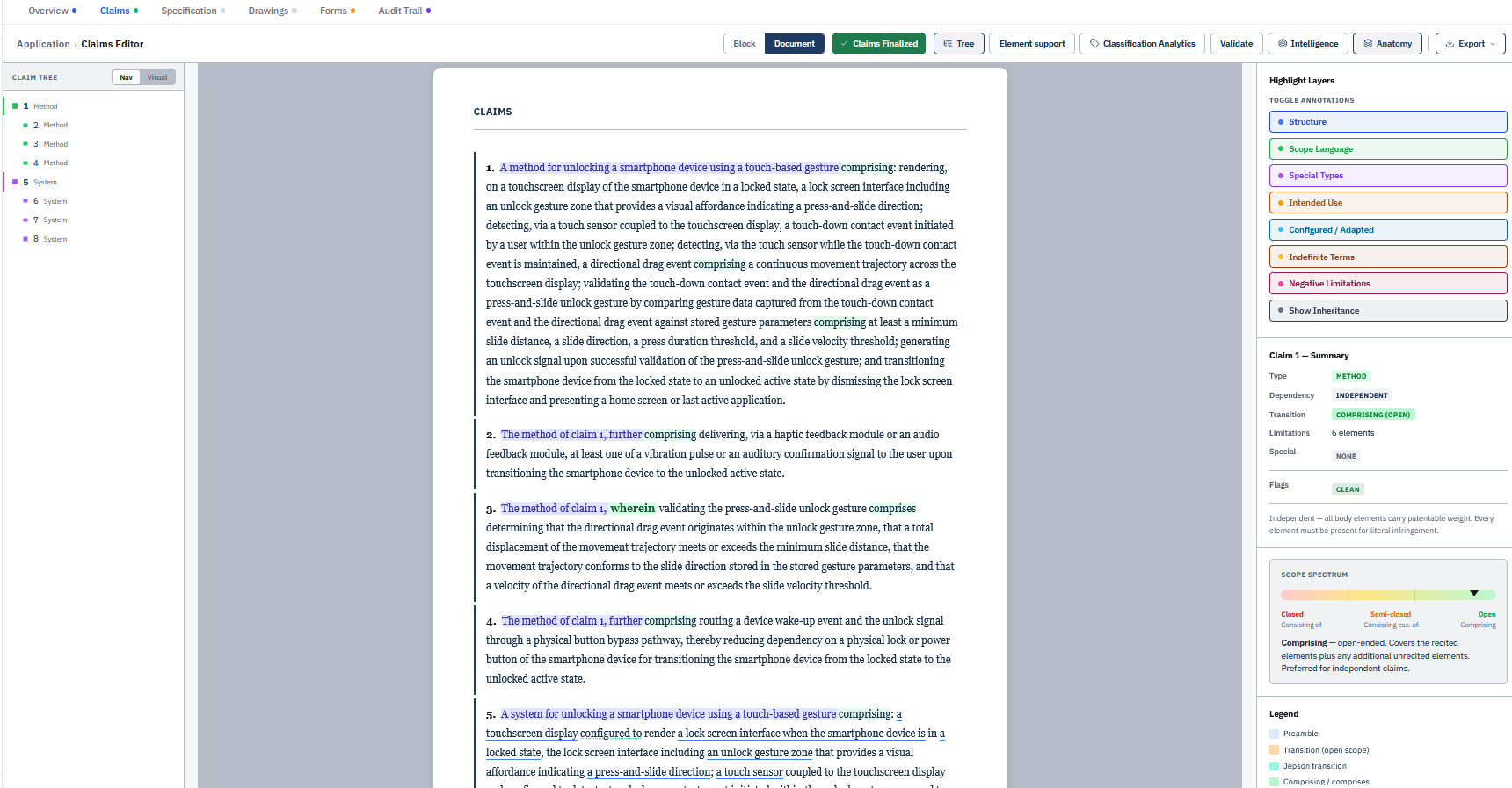 Novi claims editor in Claim Anatomy view: claim 1 highlighted by structure and scope, with a claim summary showing type, dependency, transition, and a scope spectrum.