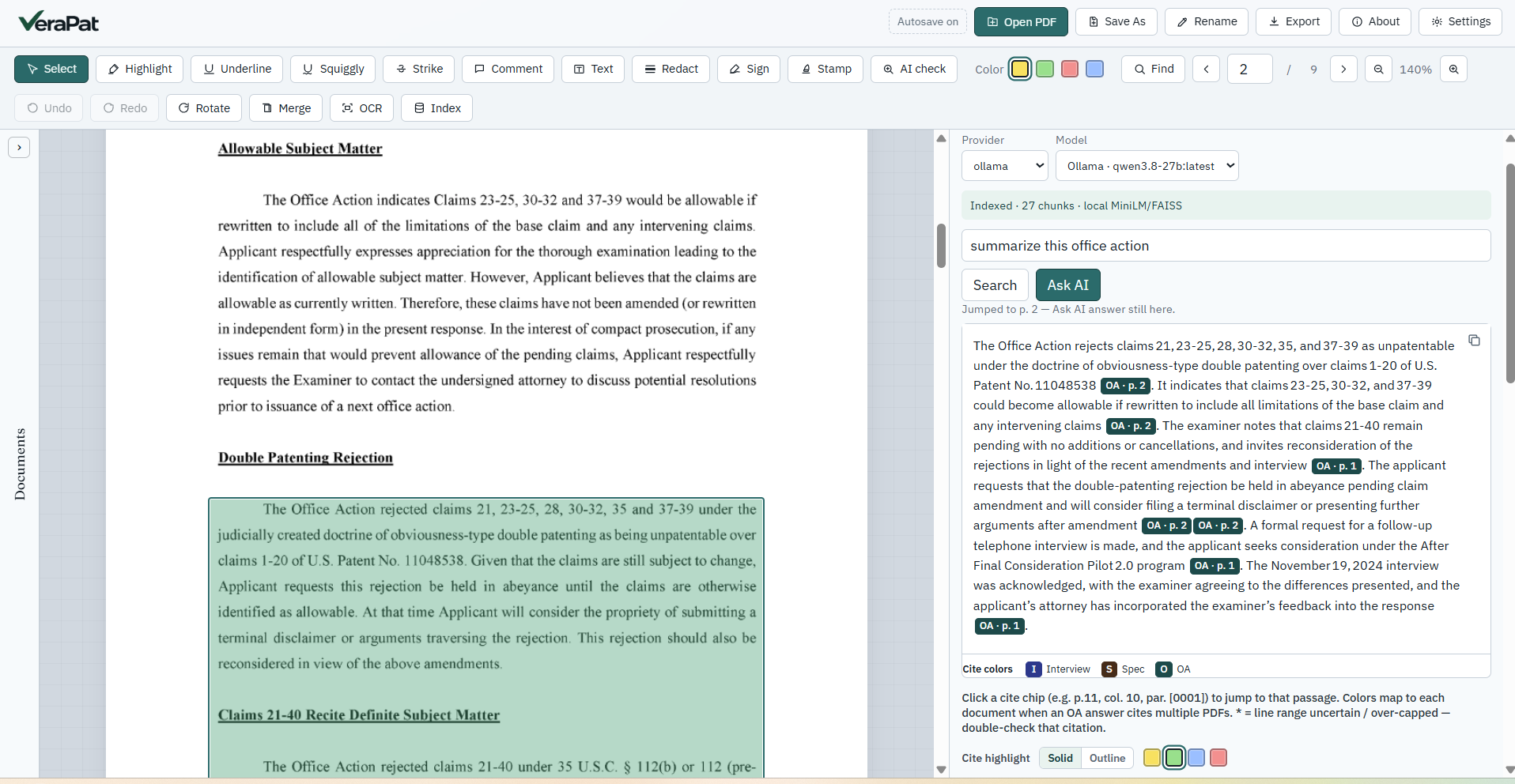 VeraPat: an office action PDF beside an AI summary in which each statement carries an OA page cite chip, with cite colors for interview, spec, and OA.